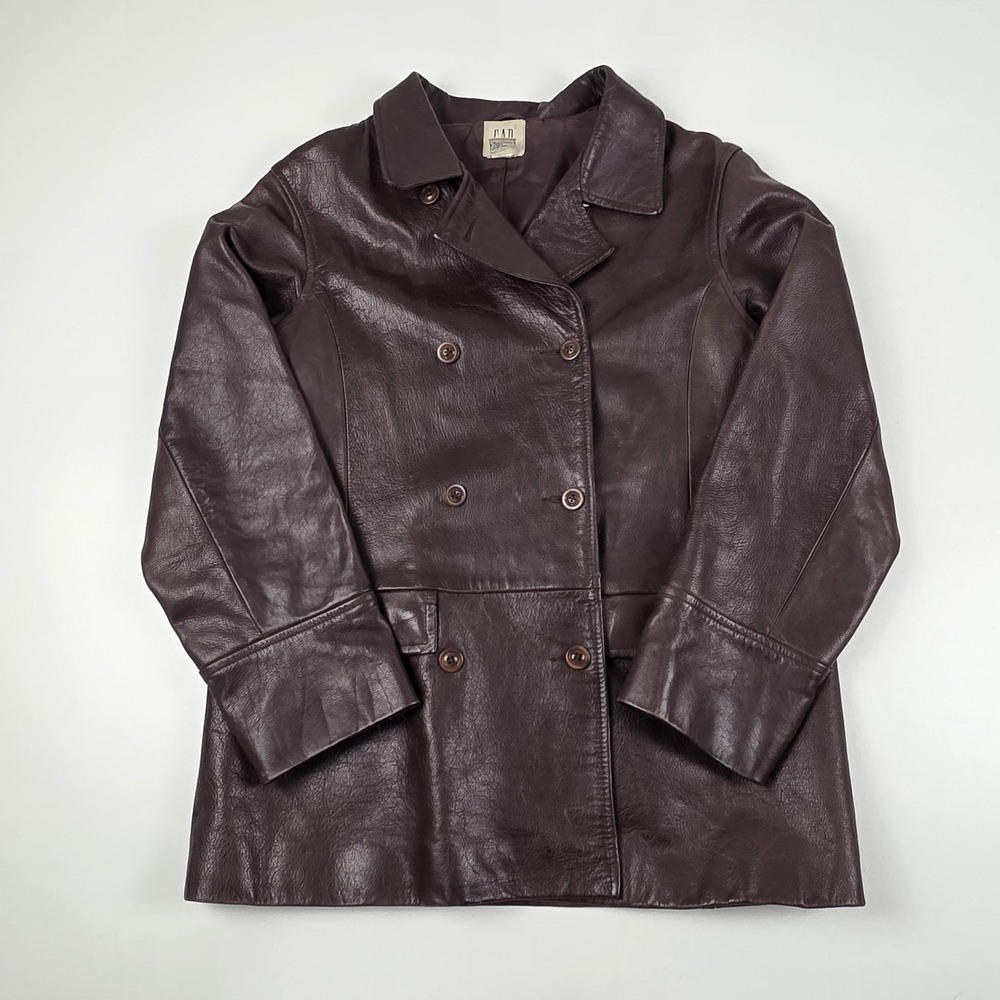 VTG Y2K Gap Coat Womens Medium Brown Leather Pea Coat Button Front Lined